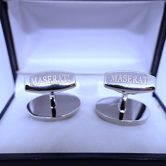 Brand New Chromed & Enameled Maserati Emblem Cufflinks with Case, Silver - Picture 2 of 3